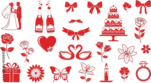 Red Wedding Icons on White Background