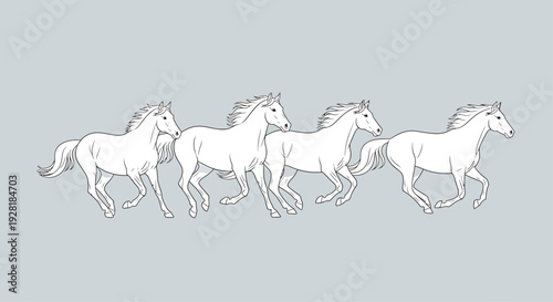 White Horses Running Side View on Grey Background Illustration