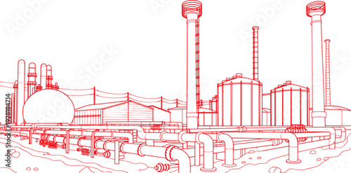 Oil Refinery Industrial Line Art Vector with Pipelines, Storage Tanks and Chimneys – Petrochemical Plant Technical Engineering Illustration, Black Outline Factory