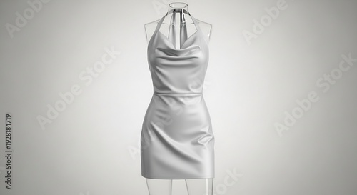 Sleek silver halterneck mini dress with cowl neckline on mannequin