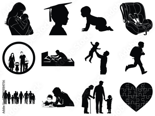 Silhouette of family parenting activities and milestones