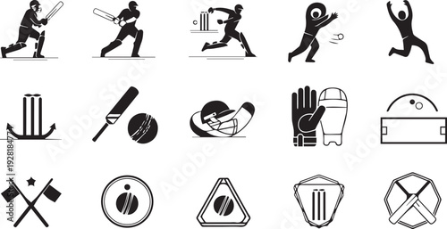 Cricket Player Action Silhouettes Set Vector Sports Icons