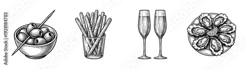 Vintage style hand drawn set of appetizers including olives breadsticks champagne glasses and fresh oysters on a plate