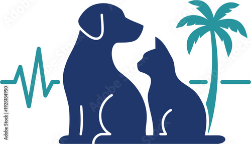 Stylized illustration of a dog and cat in blue colors