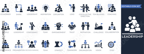 Leadership solid icon set - Containing guidance, mentorship, coaching, influence, charisma, lead, and challenge. Perfect Solid vector icons collection.