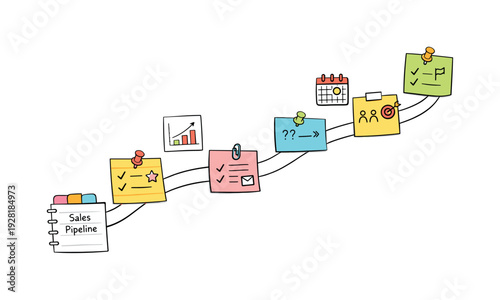 Milestone roadmap path, notebook strips as checkpoints, mini chart and calendar icons, pinned sticky notes for Sales pipeline
