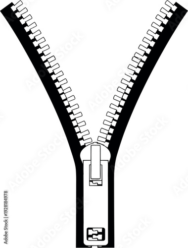 Close-up view of a black and white zipper with a silver pull tab.