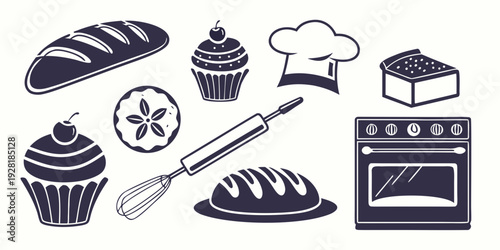 Assorted baked goods including cakes, pastries, and breads with baking utensils. Vector