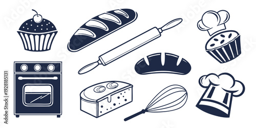 Assorted baking ingredients and tools arranged on a kitchen counter Vector