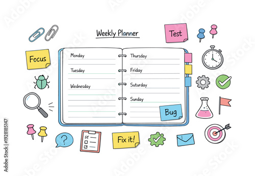 Open weekly planner spread, tabbed notebook pages, paper clips and sticky notes, small reminder icons for QA testing schedule