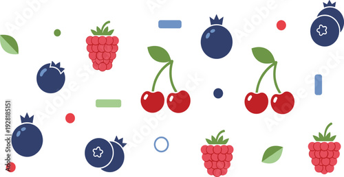 Berry fruit icon set with raspberry blueberry and cherry flat elements fresh summer food collection for healthy diet and grocery design projects.
