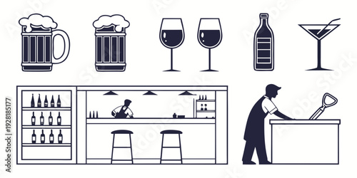 A variety of alcoholic beverages and bar equipment displayed in a commercial setting. Vector