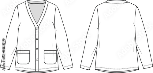 Women's cardigan flat sketch, long sleeve design, V-neck button closure, fashion garment illustration front and back view, apparel construction drawing