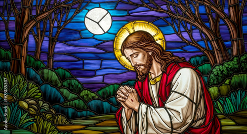 Stained glass mosaic depicted Jesus praying in the Garden of Gethsemane at moonlit night. Spiritual moment conveying reverence, solitude, devotion.