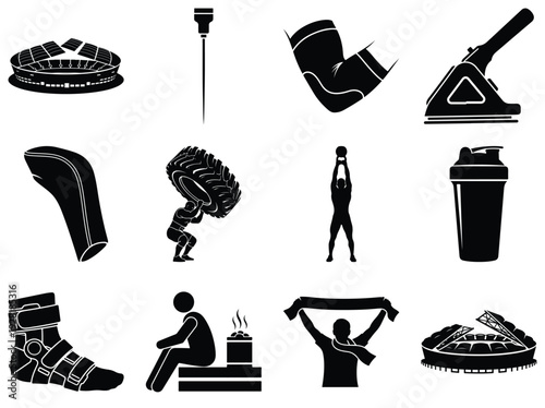 Various Sports and Fitness Equipment and Activities in Black and White