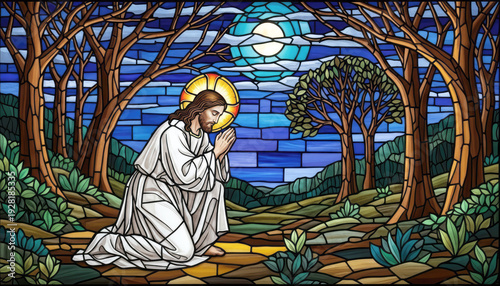 Stained glass mosaic depicted Jesus praying in the Garden of Gethsemane at moonlit night. Spiritual moment conveying reverence, solitude, devotion.