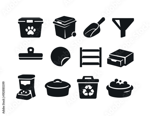 Pet Food Storage Icons. Solid vector icons of pet food storage and prep: airtightcontainer, foodbin, scoop, funnel, sealingclip,