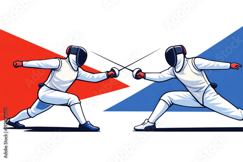 Fencing Duel Match with Red and Blue Background Vector Illustration