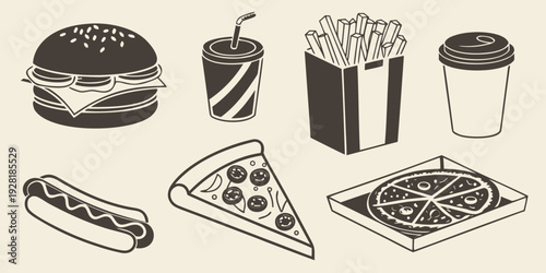 Assorted fast food items including burgers, fries, and drinks Vector
