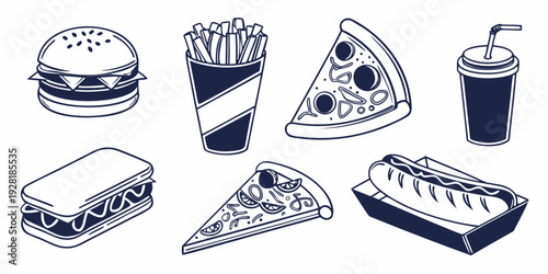 Assorted fast food items including burgers, pizza, and a drink Vector