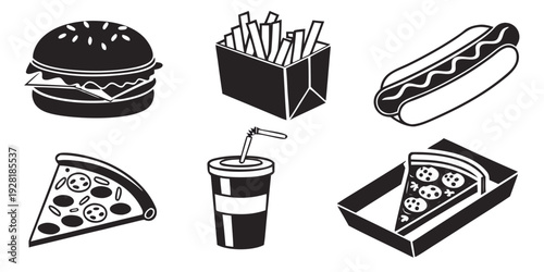 A delightful assortment of fast food items including burgers, fries, hot dogs, pizza, and soda. Vector