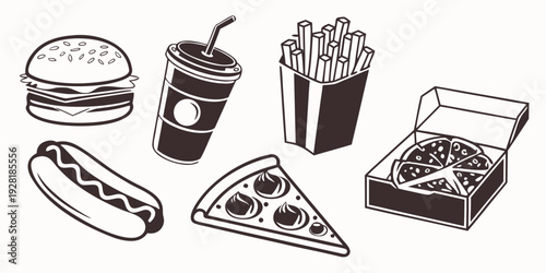 Assorted fast food items including burgers, fries, hot dogs, and pizza Vector