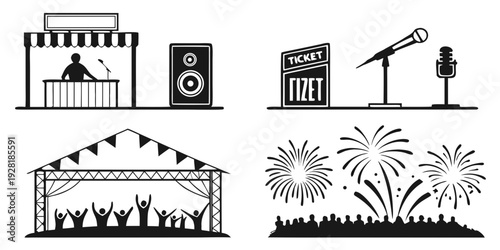 Illustrations of various musical instruments and performance settings Vector