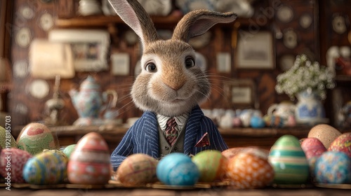 A charming Easter bunny in a blue suit sitting at a table with colorful decorated eggs in a cozy room.
