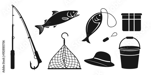 A collection of fishing equipment and fish illustrations in black and white Vector