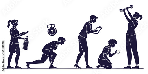 A sequence of people in various stages of lifting a barbell. Vector
