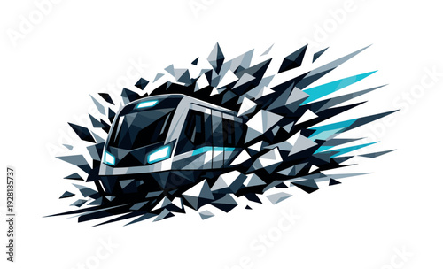 Low-poly vector illustration of a metro train breaking through the rush barrier, bold angular silhouette cutting cleanly through