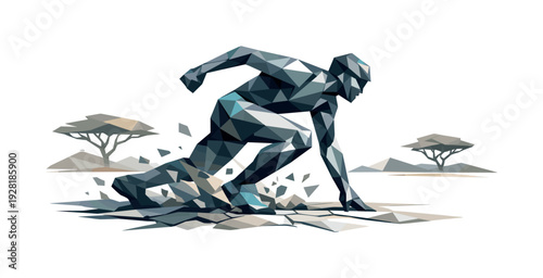 Low-poly vector illustration of a savanna dust run in the setup phase, faceted runner poised on cracked geometric ground with