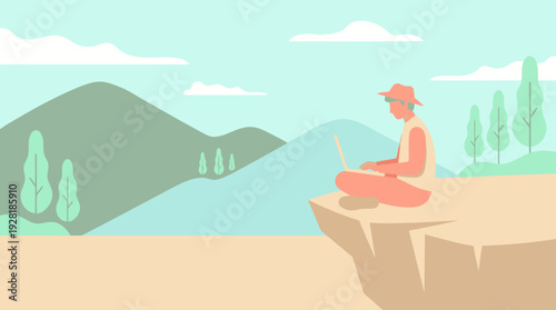 A serene vector illustration shows a person working remotely on a laptop while sitting cross-legged on a cliff overlooking mountains.