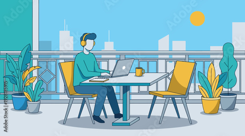 A person works remotely on a laptop from a bright, blue-toned city balcony in this vector illustration.