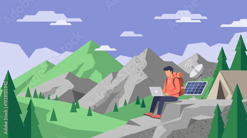 Vector illustration: man works remotely on laptop in mountains, embracing 'work from anywhere'.