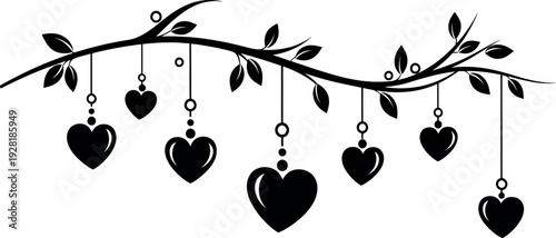 Black hearts hanging from a tree branch with leaves in a minimalist style