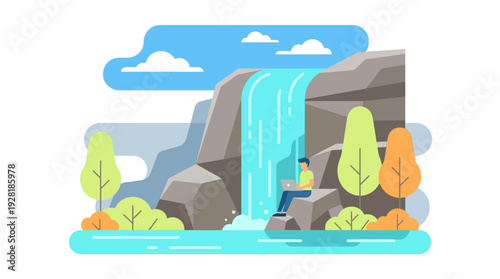 Flat vector illustration of a man working on a laptop by a waterfall, showing remote 'work from anywhere'.