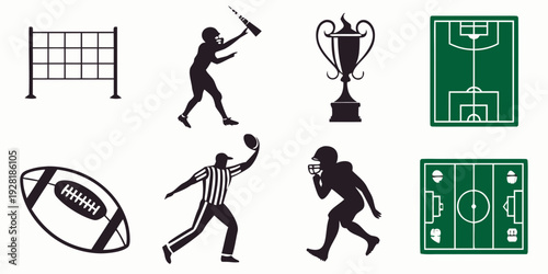Iconic symbols of various sports and their equipment in a row. Vector