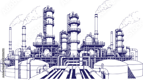 Oil Refinery Industrial Line Art Vector with Pipelines, Storage Tanks and Chimneys – Petrochemical Plant Technical Engineering Illustration, Black Outline Factory