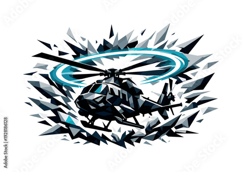 Futuristic Helicopter Burst. Low-poly vector illustration of a helicopter breaking through into full rotor burst, rotor disk