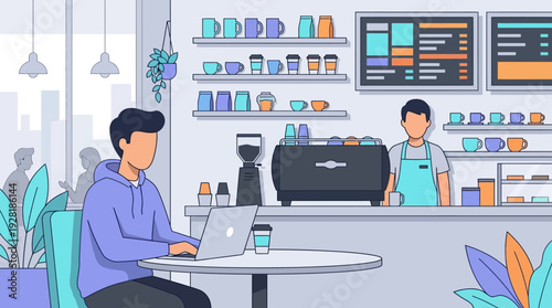 A calm vector illustration of a man working remotely on his laptop in a modern coffee shop, embodying the 'work from anywhere' concept.