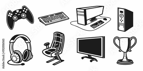 Gaming equipment and accessories arranged on a flat surface Vector