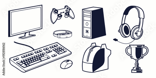Assorted computer peripherals including a monitor, keyboard, mouse, headset, and tower Vector