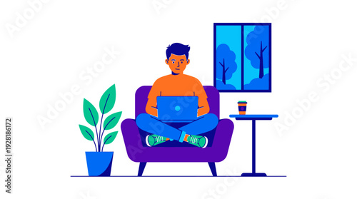 Blue and orange vector of a man working remotely on a laptop at home, symbolizing 'work from anywhere'.