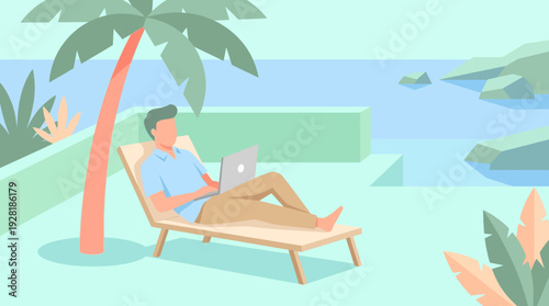 Flat vector illustration of a man working remotely on a laptop under a palm tree by the serene tropical ocean, embracing the work from anywhere lifestyle.