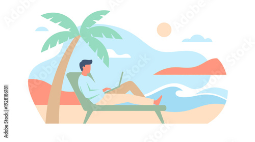 Flat vector illustration of a man working remotely on his laptop from a tropical beach, embodying the 'work from anywhere' concept.