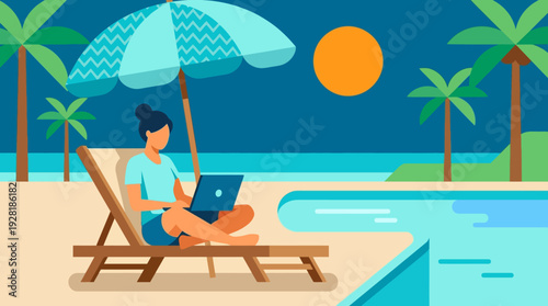 Bright vector art: woman working remotely on laptop under parasol on tropical beach.