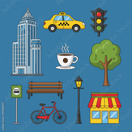 City Elements Illustration Set with Various Objects.