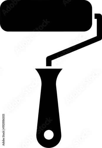 A black and white illustration of a paint roller with a handle