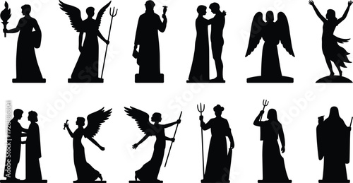 Silhouettes of people and angels in various poses and holding against a white background